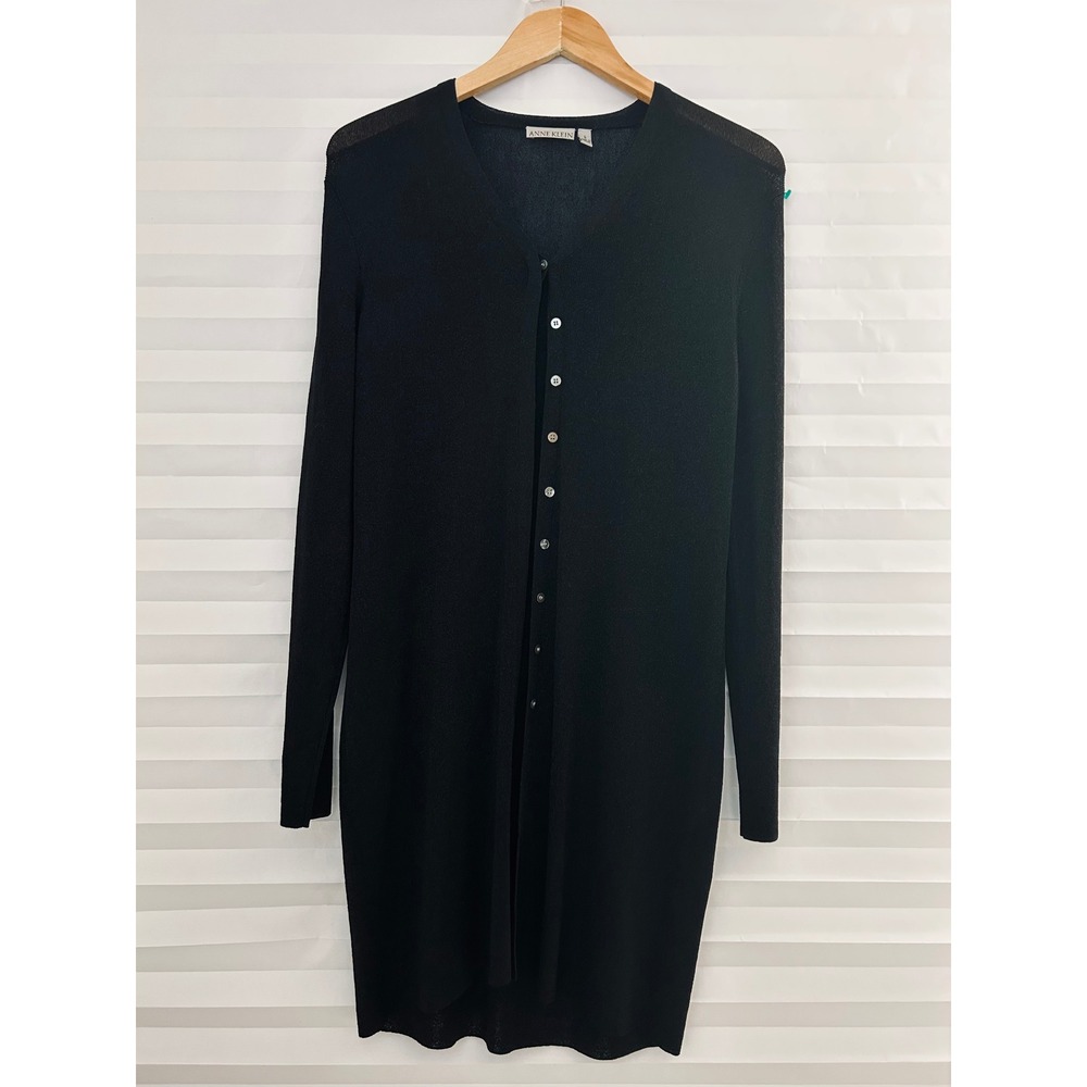 Anne Klein Black Metallic Longline Cardigan Sweater Button Front Duster L Chic